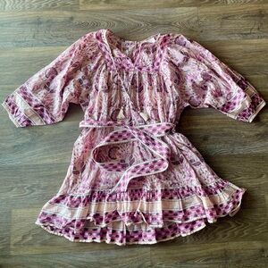Cleobella Boho Floral Mini Dress Pink Peasant Tassel Tie Belted Block Print S